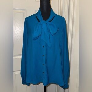 Chico's Blue Cuffed Sleeve Tie Front Blouse